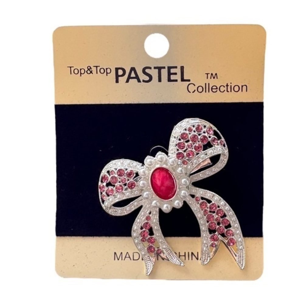 3/$25 Pastel Collection Pink & Silver Crystal Rhinestone Pearl Bow Brooch